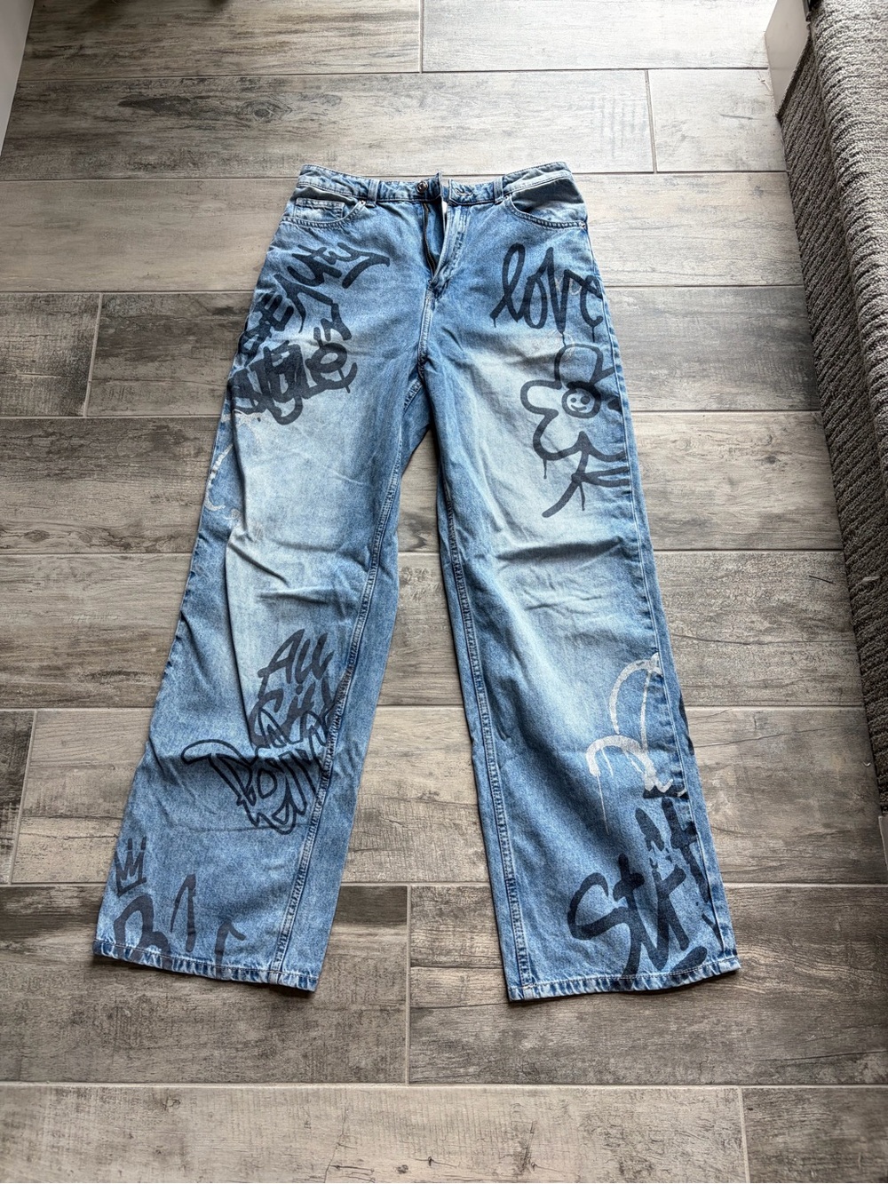 H&M Light Blue Graffiti Wide-Leg Jeans